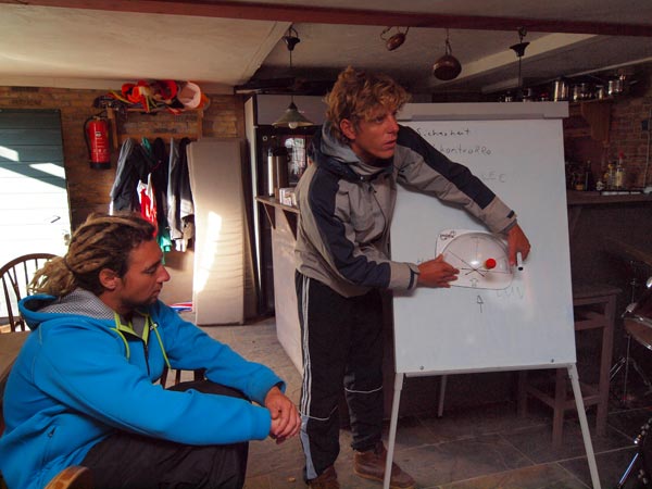 Kitesurfles op 15 oktober 2011 in de “schuur” van camping Welgelegen in Hindeloopen. De Duitse surfschool KBC pakt het “gründlich” aan, compleet met mooi geïllustereerde instructieboekjes.