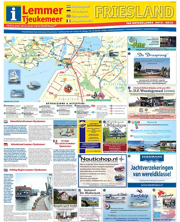 De nieuwe viertalige toeristenkaart van de regio Lemmer en de omgeving van het Tjeukemeer, ook een Friesland Holland-productie.