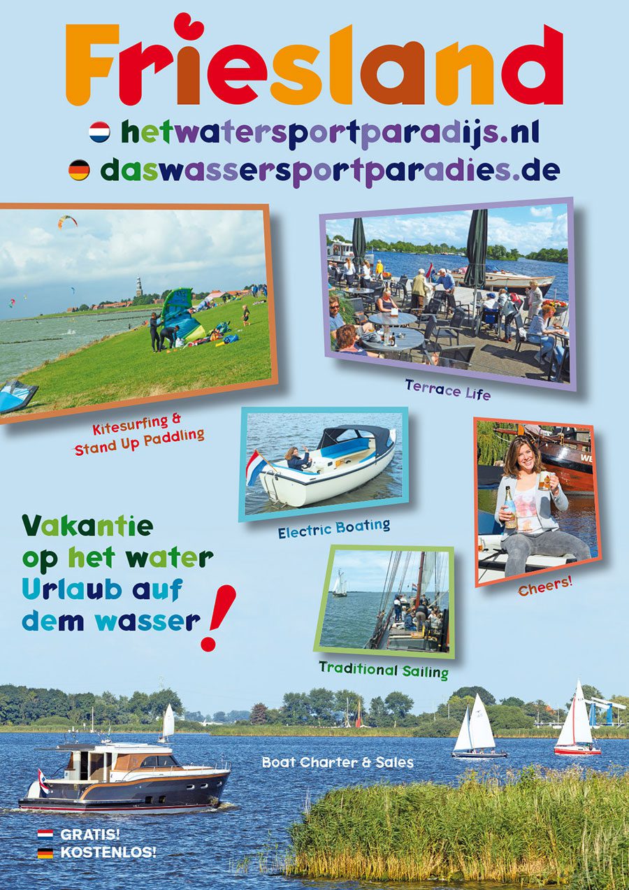 Friesland Holland maakt een vakantiemagazine en een website die een heel brede kijk op de watersport en recreatiemogelijkheden aan de waterkant geven. Het eerste nummer van ‘Friesland Het Watersportparadijs Das Wassersportparadies’ komt uit op de vakantiebeurs Boot in Düsseldorf (21-29 januari 2017).