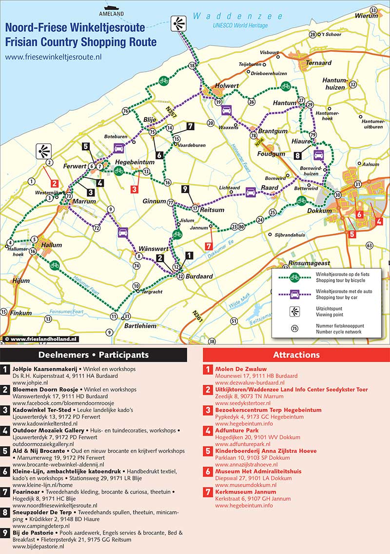 Door Friesland Holland Tourist Information route- en attractiekaart van De Friese Winkeltjesroute tussen Dokkum en Marrum.
