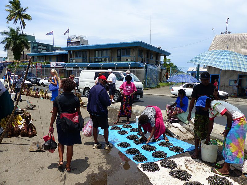 Op de markt in de hoofdstad Suva is uw Eurocent een Fiji-dollar waard. Temperatuur tussen de 30 en 40 graden Celcius. 