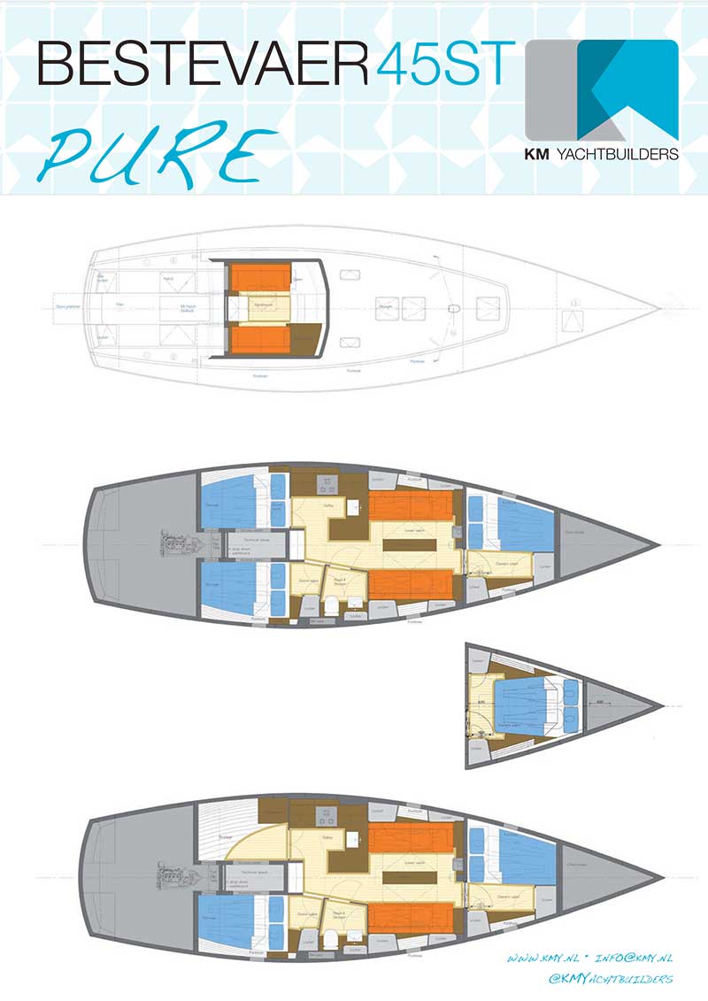 Het zeilplan, de interieur layouts en specificaties van de Bestevaer 45ST PURE.