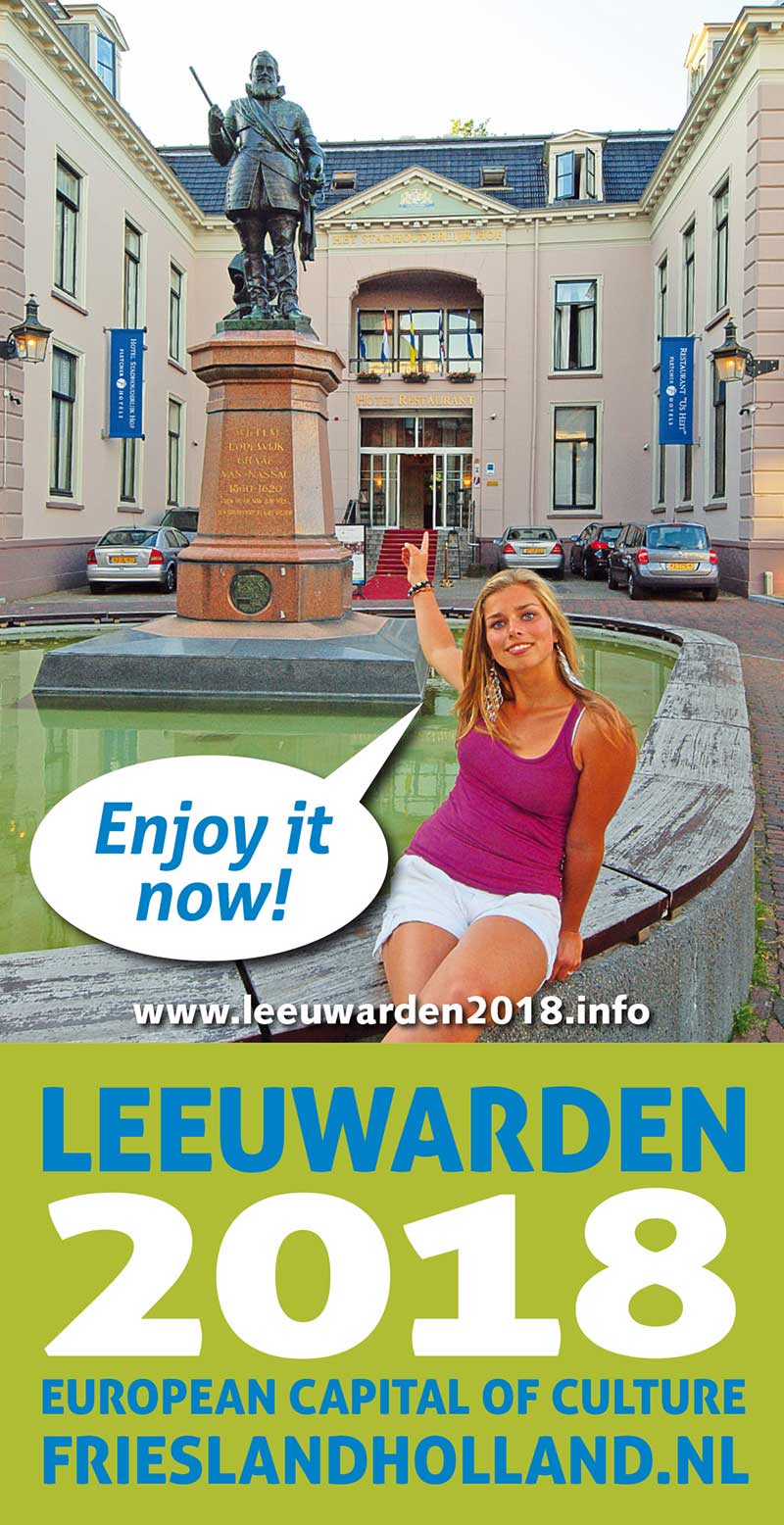 Het al twee jaar in gebruik zijnde internationale logo ‘Leeuwarden 2018 European Capital of Culture’ van het bureau voor toerisme Friesland Holland in Wolvega, ontworpen door SC Heerenveen-fans van dat marketing- en informatiebedrijf.