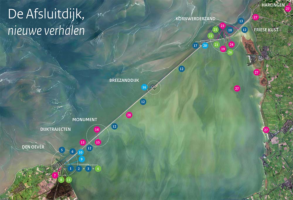 Overzichtskaart van projecten op de Afsluitdijk. 